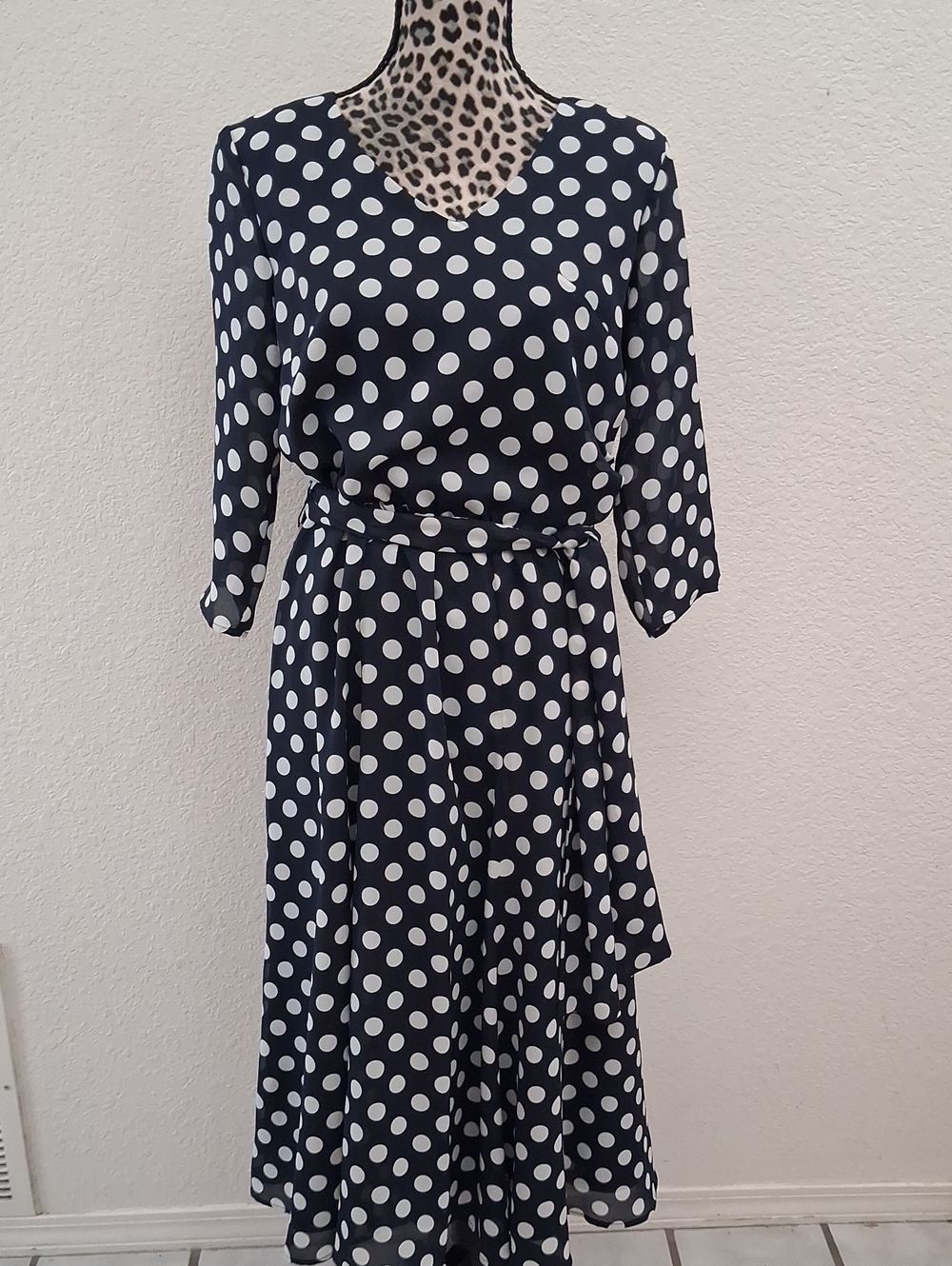 Brownstone Studio Polka Dot Navy and White 3/4 Sleeve Maxi Waist Tie Dress. 8